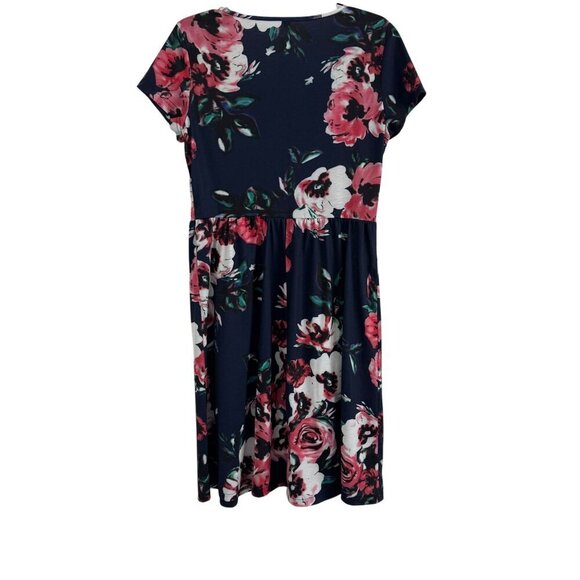 Women's Floral Navy Short-Sleeve V-Neck Pullover Midi Dress Size L - Picture 2 of 9